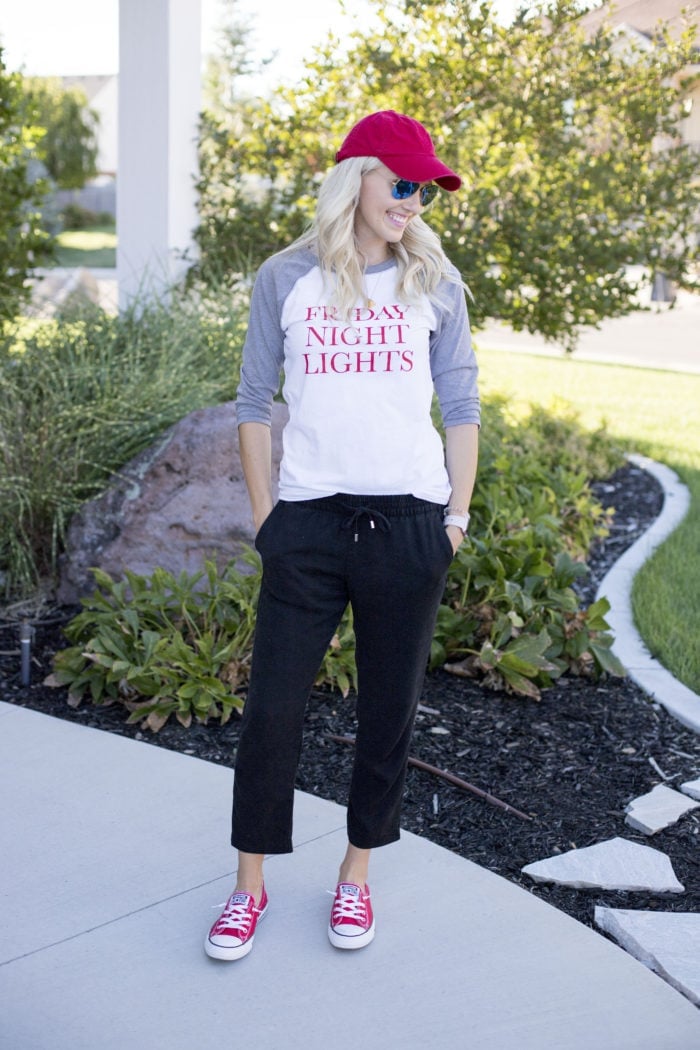 Baseball raglan tee and sweatpants with red sneakers Baseball raglan tee and sweatpants with red sneakers — Game Day Outfits