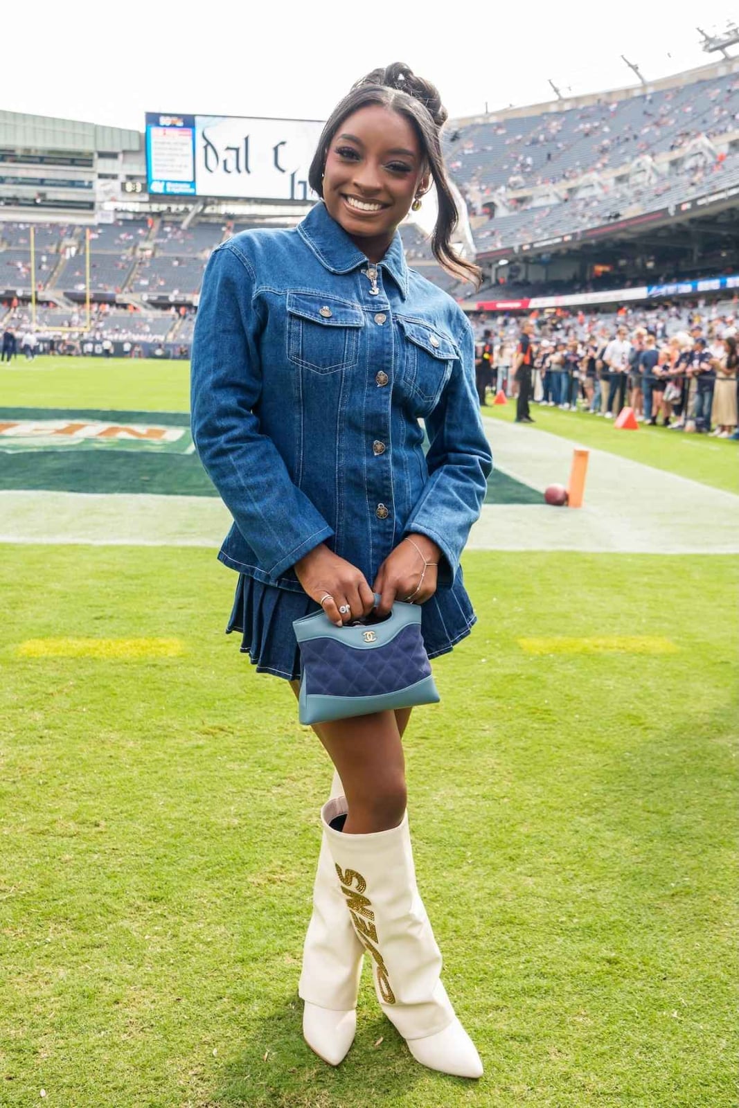 Denim jacket and pleated skirt with embellished boots Denim jacket and pleated skirt with embellished boots — Game Day Outfits