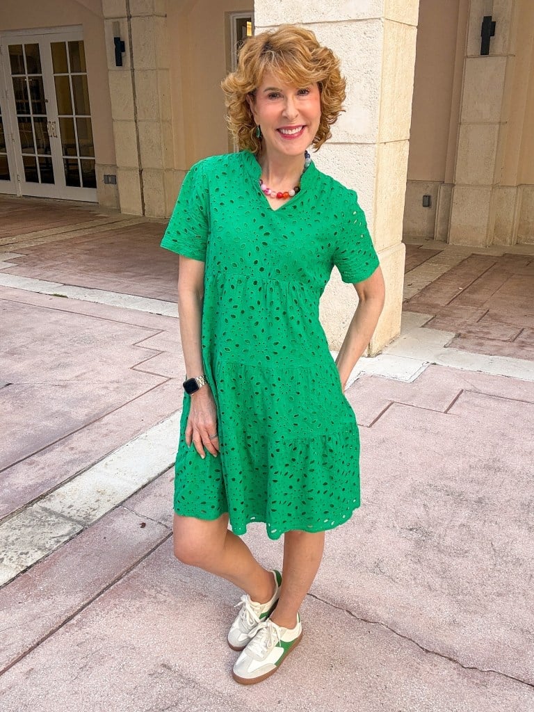 Green eyelet tiered dress with white sneakers, Close-Up Take Green eyelet tiered dress with white sneakers, Close-Up Take — Game Day Outfits