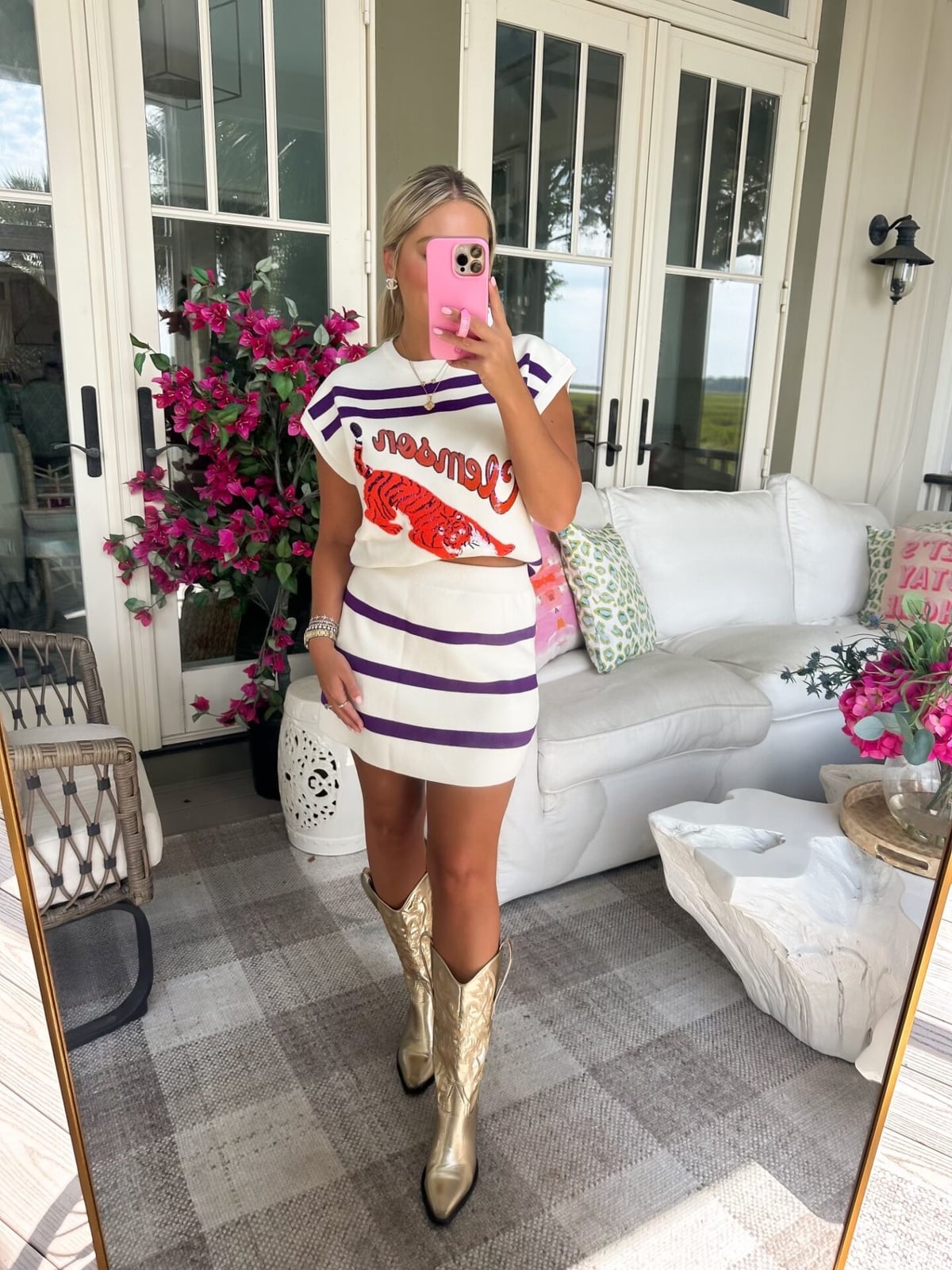 Striped knit set with tiger graphic and gold cowboy, Close-Up Take Striped knit set with tiger graphic and gold cowboy, Close-Up Take — Game Day Outfits