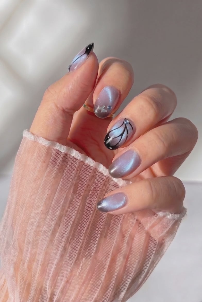 Short Oval Lilac Gray Cat Eye Nails Short Oval Lilac Gray Cat Eye Nails — Gel Nail Art