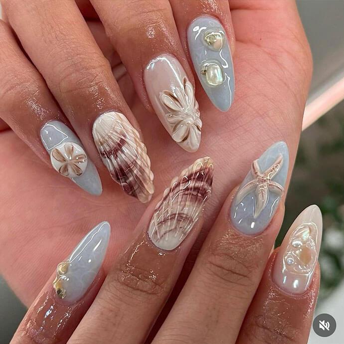 Long Almond 3D Seashell Charm Nails Long Almond 3D Seashell Charm Nails — Gel Nail Art