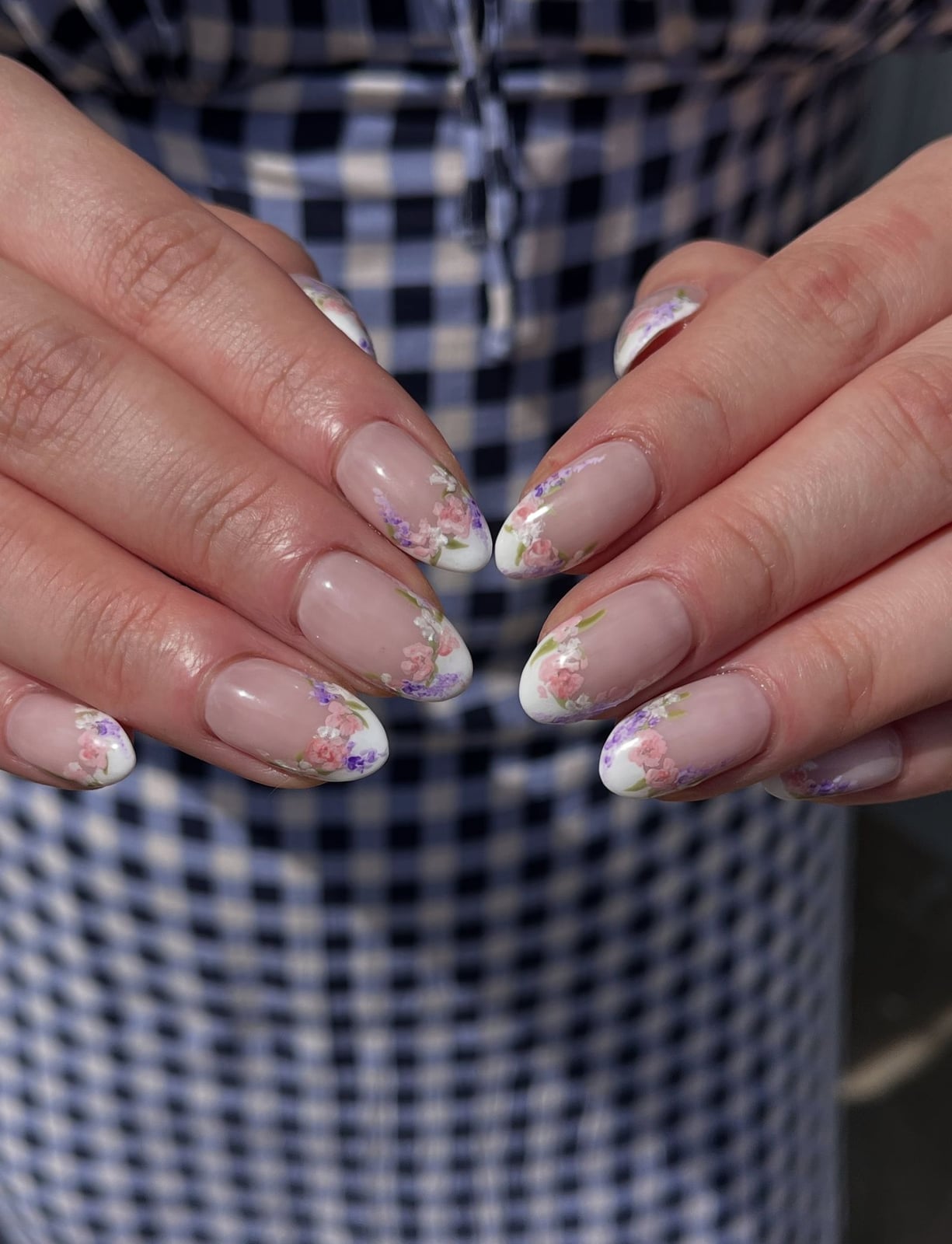 Long Almond Floral French Tip Nails Long Almond Floral French Tip Nails — Gel Nail Art