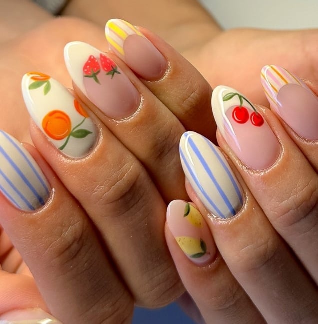 Short Oval Fruit Illustration Nails, Close-Up Take Short Oval Fruit Illustration Nails, Close-Up Take — Gel Nail Art