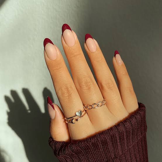 Short Almond Deep Red French Tip Nails Short Almond Deep Red French Tip Nails — Gel Nail Art