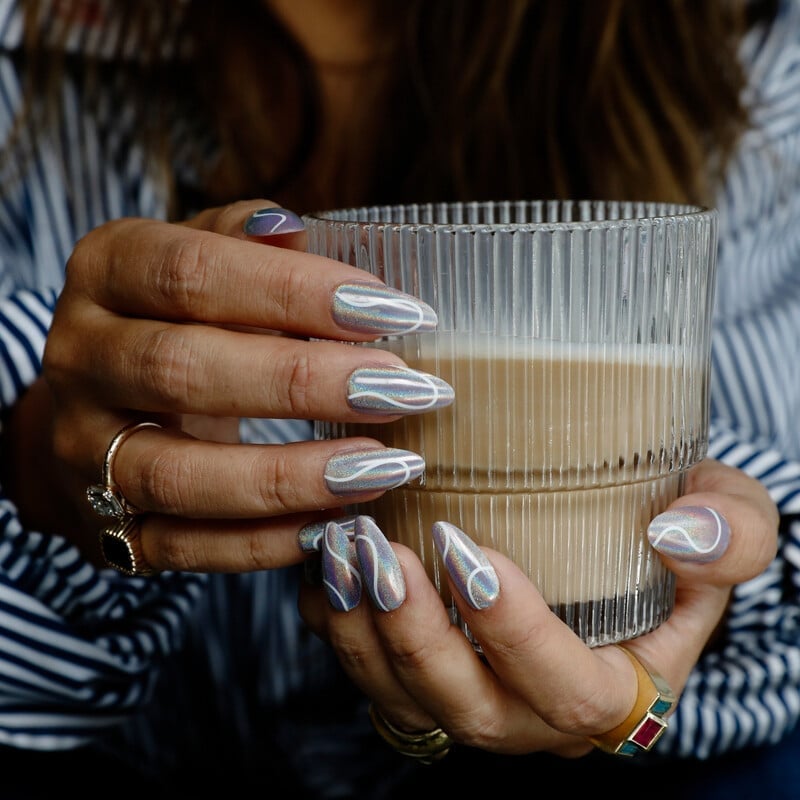 Short Almond Holographic Chrome Line Nails Short Almond Holographic Chrome Line Nails — Gel Nail Art