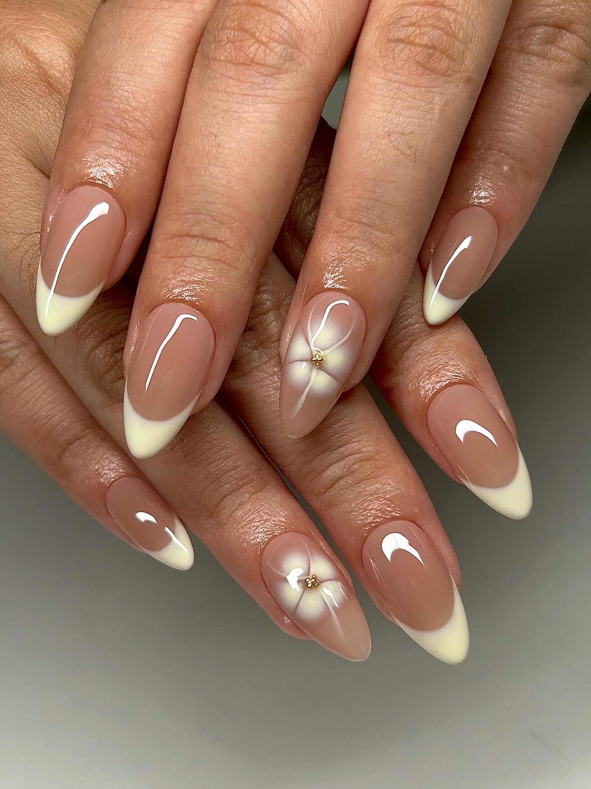 Long Almond 3D Floral French Accent Nails Long Almond 3D Floral French Accent Nails — Gel Nail Art