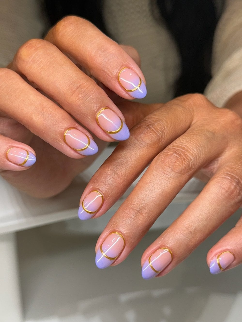 Medium Almond Purple Gold Accent French Nails Medium Almond Purple Gold Accent French Nails — Gel Nail Art