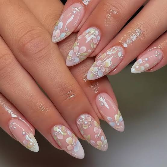 Long Stiletto 3D Floral Pearl Nails Long Stiletto 3D Floral Pearl Nails — Gel Nail Art