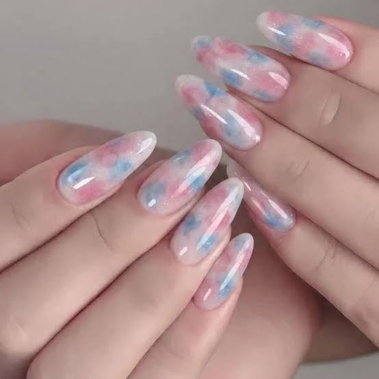 Medium Almond Glossy Watercolor Effect Gel Nails Medium Almond Glossy Watercolor Effect Gel Nails