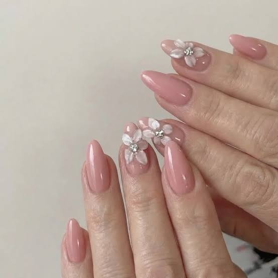 Medium Almond Glossy Dusty Rose 3D Flower Rhinestone Gel Nails Medium Almond Glossy Dusty Rose 3D Flower Rhinestone Gel Nails