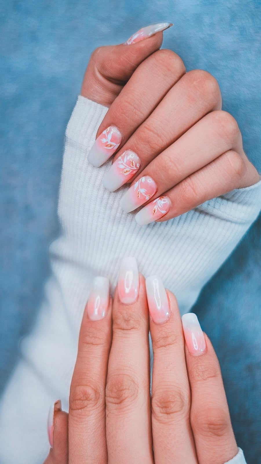Medium Almond Glossy Pink to White Gradient French Tip, Close-Up Take Medium Almond Glossy Pink to White Gradient French Tip, Close-Up Take — Gel Nails