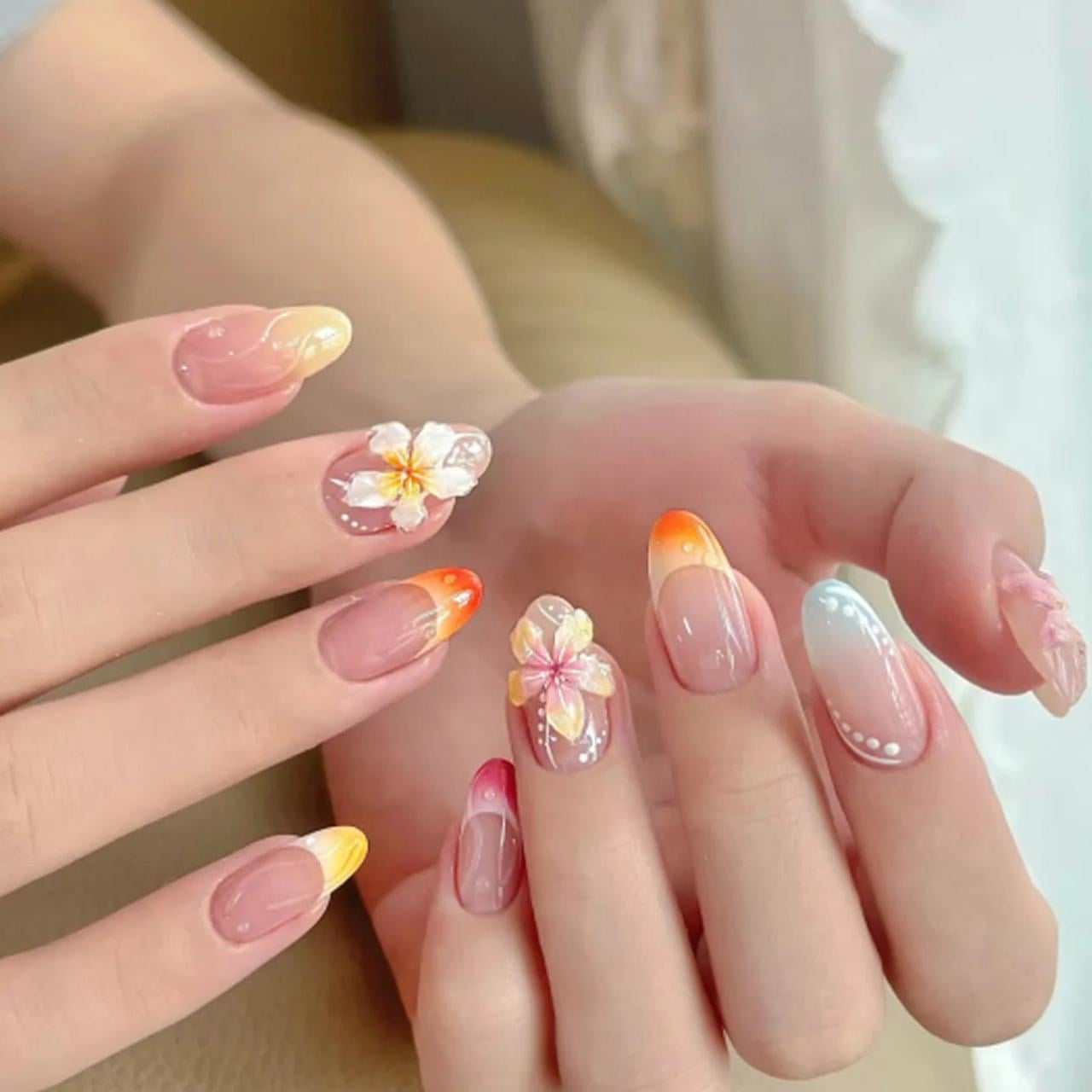Medium Almond Glossy 3D Floral French Gradient Gel Nails Medium Almond Glossy 3D Floral French Gradient Gel Nails