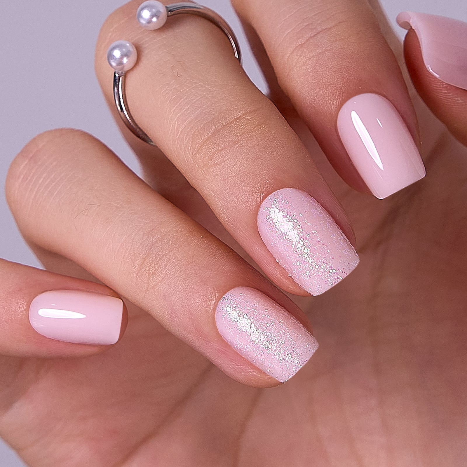 Short Soft Square Pale Pink Glitter Gel Nails Short Soft Square Pale Pink Glitter Gel Nails