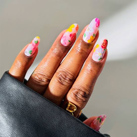 Long Almond Glossy Floral Artwork Gel Nails Long Almond Glossy Floral Artwork Gel Nails