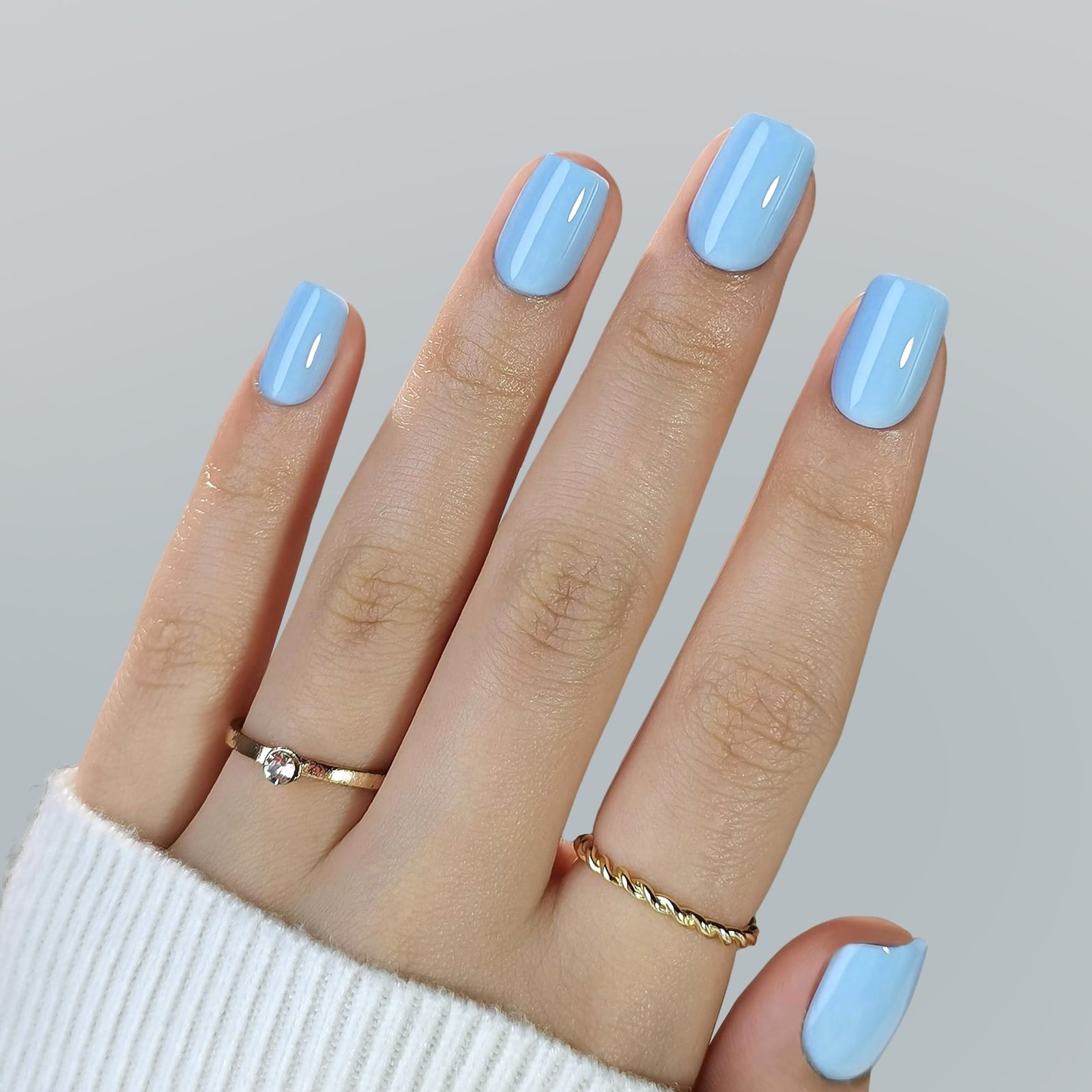 Short Square Sky Blue Glossy Gel Nails, With Clean Cuticle Lines Short Square Sky Blue Glossy Gel Nails, With Clean Cuticle Lines