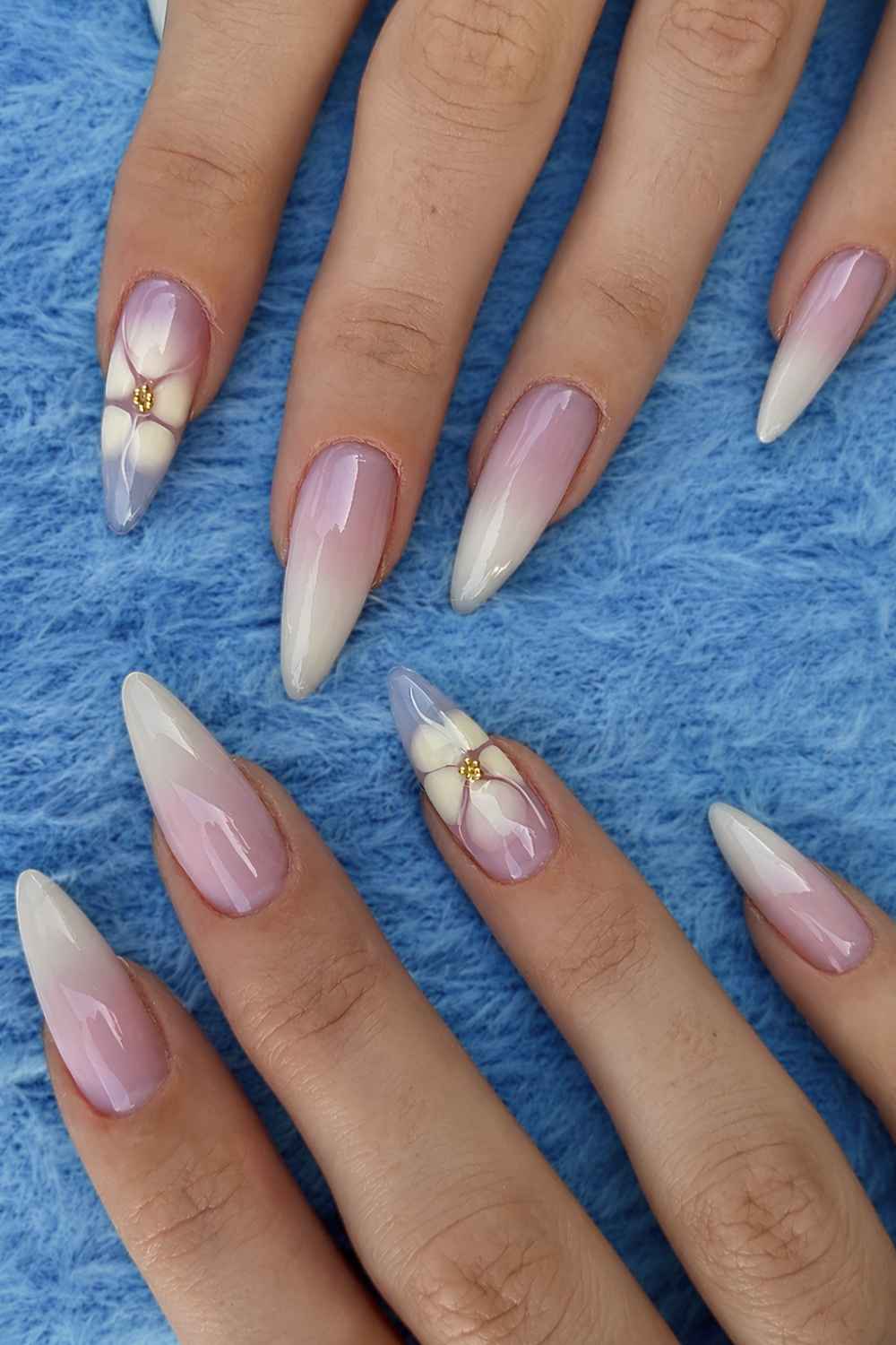 Long Sharp Almond Ombre 3D Flower Gel Nails Long Sharp Almond Ombre 3D Flower Gel Nails