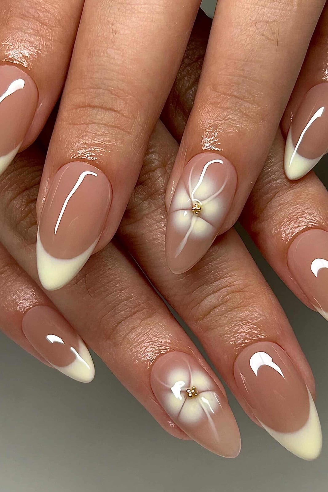 Medium Almond Glossy French Tip 3D Flower Accent Gel Nails Medium Almond Glossy French Tip 3D Flower Accent Gel Nails