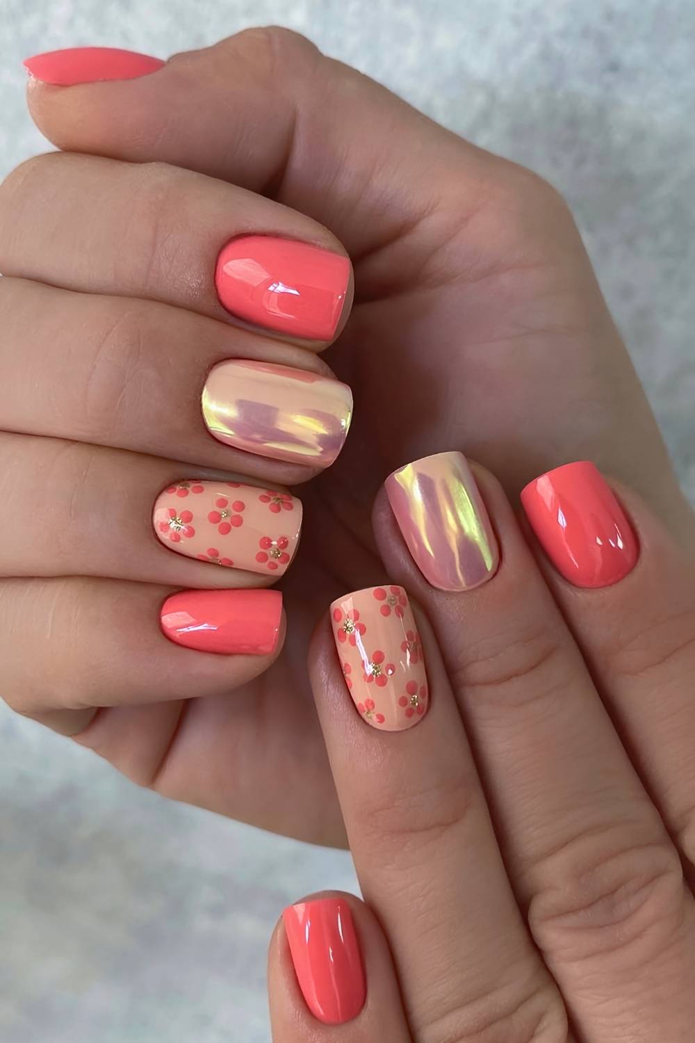 Short Square Coral Peach Iridescent Nails Short Square Coral Peach Iridescent Nails — Gel Nails Colorful