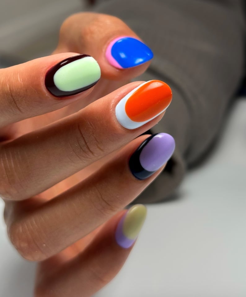 Short Oval Neon Geometric Color Block Nails Short Oval Neon Geometric Color Block Nails — Gel Nails Colorful