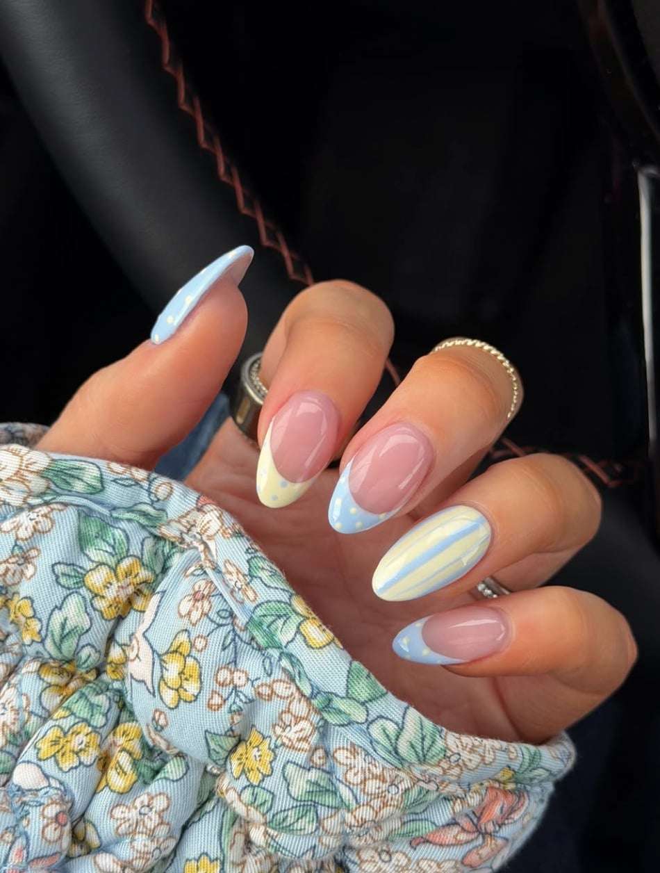 Medium Almond Spring French Stripe Nails Medium Almond Spring French Stripe Nails — Gel Nails Colorful