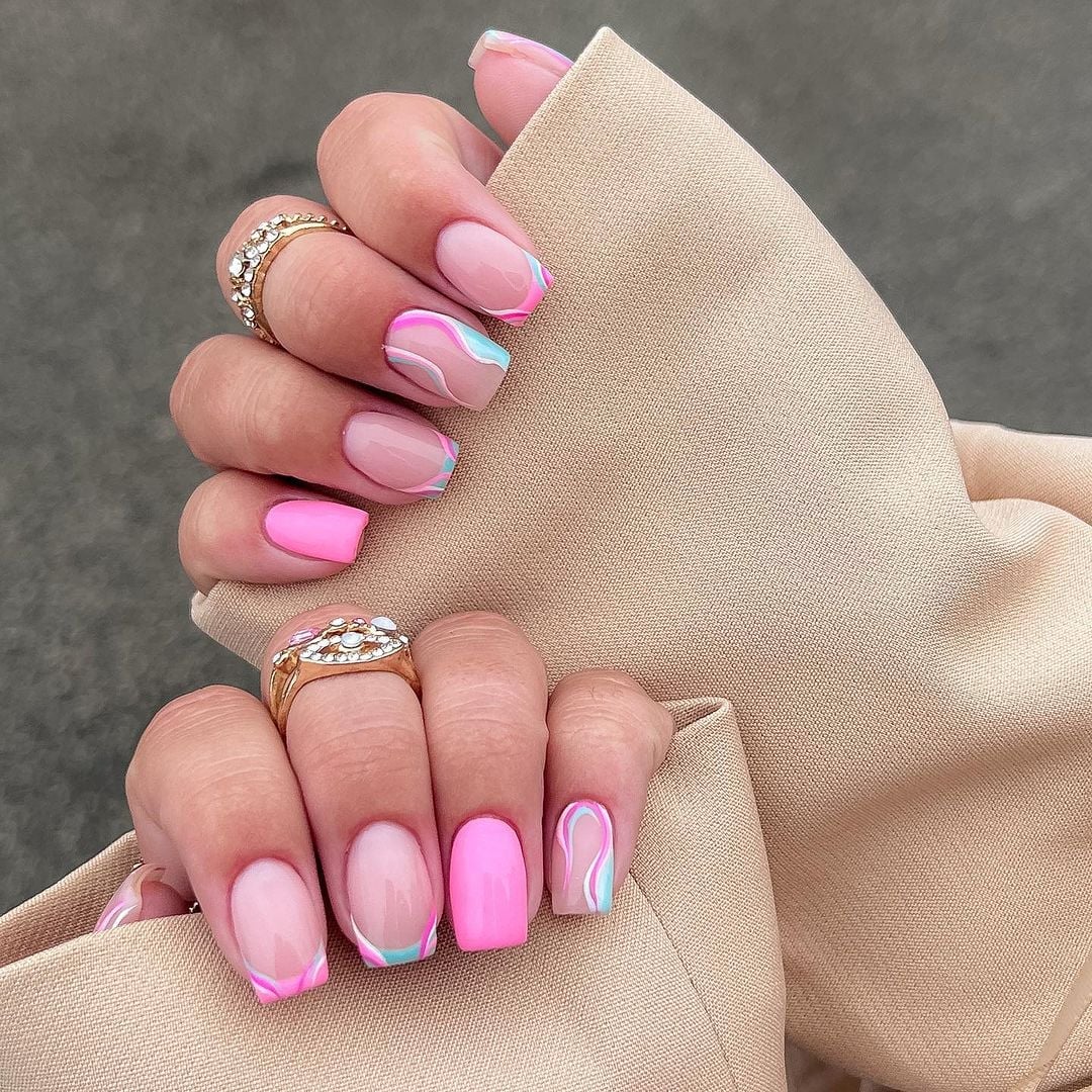 Short Square Neon Wavy French Nails Short Square Neon Wavy French Nails — Gel Nails Colorful