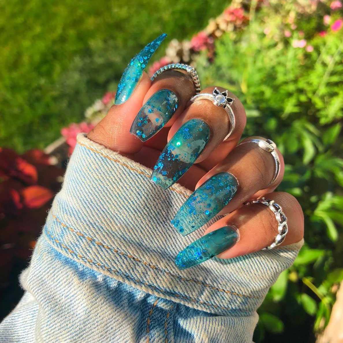 Short Square Teal Blue Glitter Jelly Nails Short Square Teal Blue Glitter Jelly Nails — Gel Nails Colorful