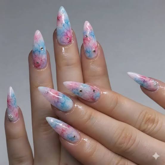 Long Stiletto Abstract Watercolor Rhinestone Nails Long Stiletto Abstract Watercolor Rhinestone Nails — Gel Nails Colorful