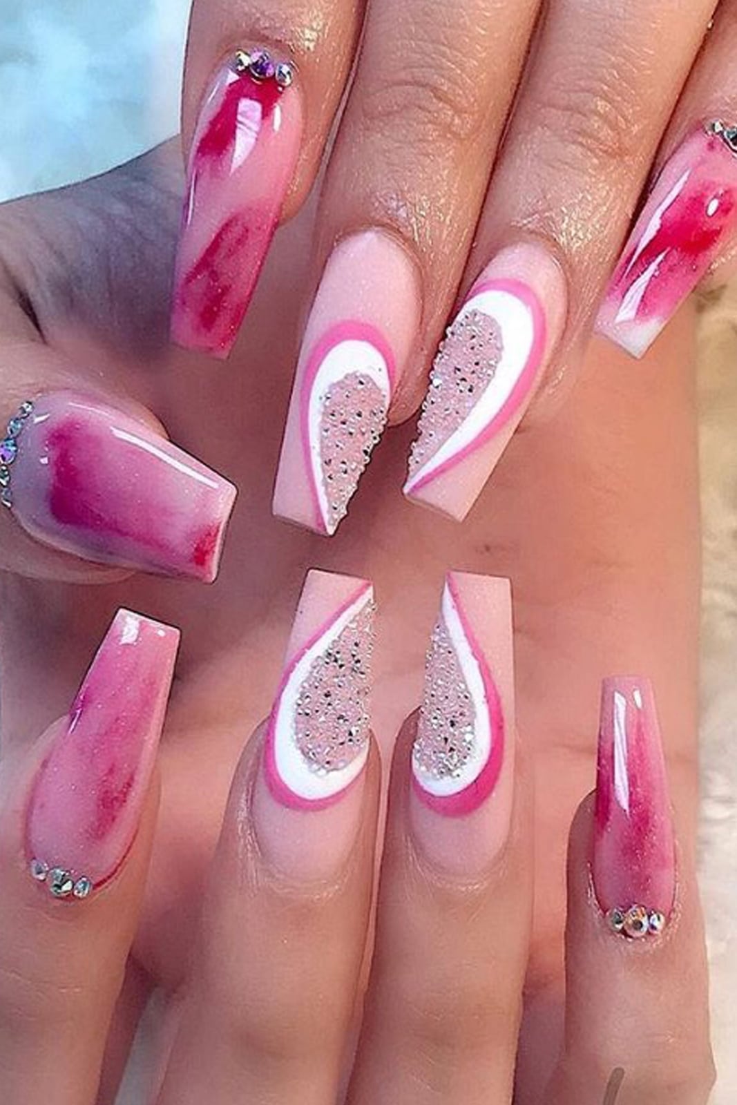 Long Coffin Pink White Marble Rhinestone Nails Long Coffin Pink White Marble Rhinestone Nails — Gel Nails Colorful