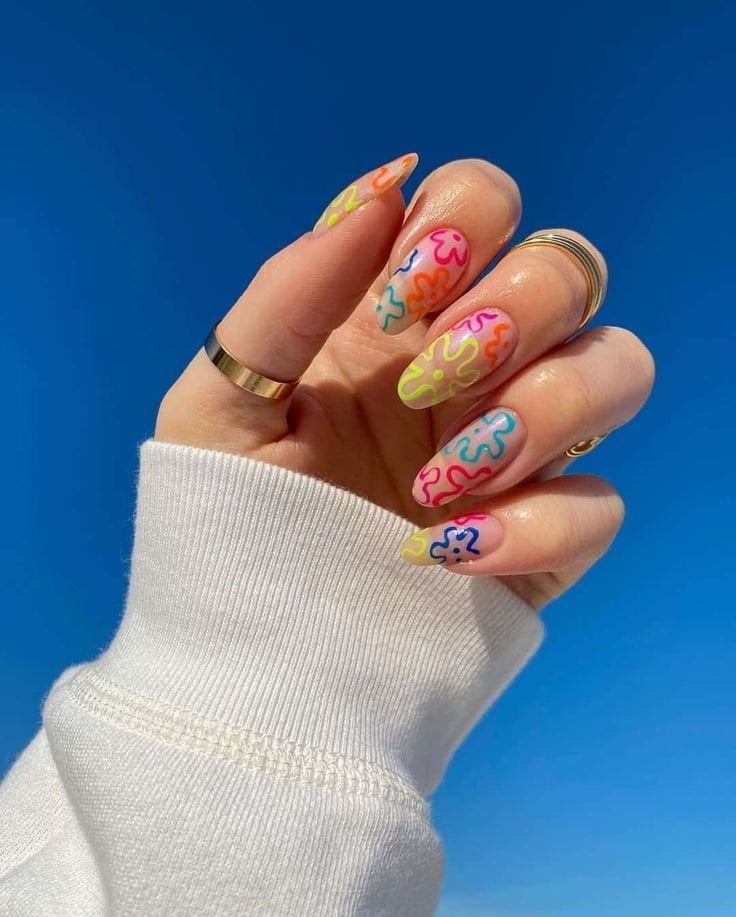 Medium Almond Neon Outline Floral Jelly Nails Medium Almond Neon Outline Floral Jelly Nails — Gel Nails Colorful