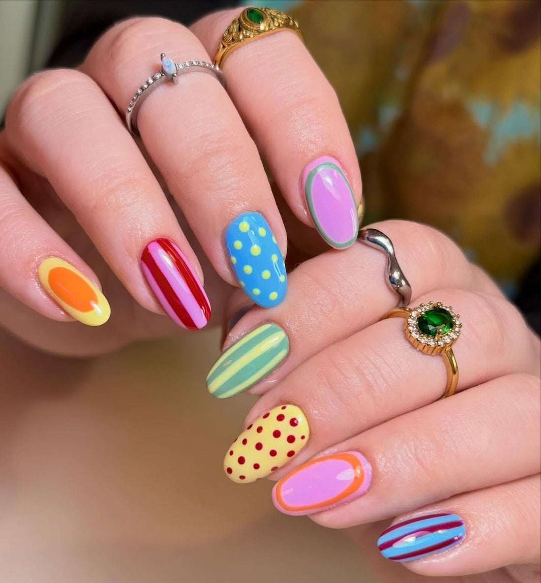 Short Oval Playful Colorful Pattern Nails Short Oval Playful Colorful Pattern Nails — Gel Nails Colorful