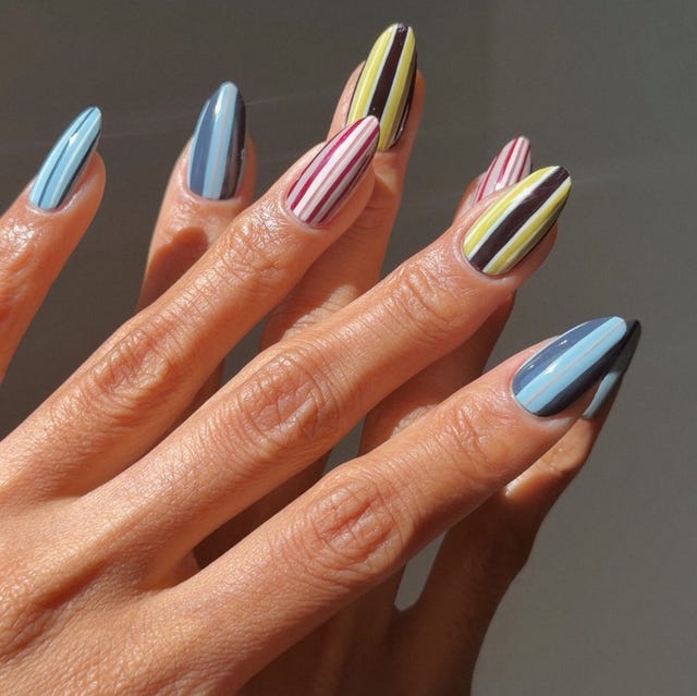 Medium Almond Colorful Diagonal Stripe Nails Medium Almond Colorful Diagonal Stripe Nails — Gel Nails Colorful