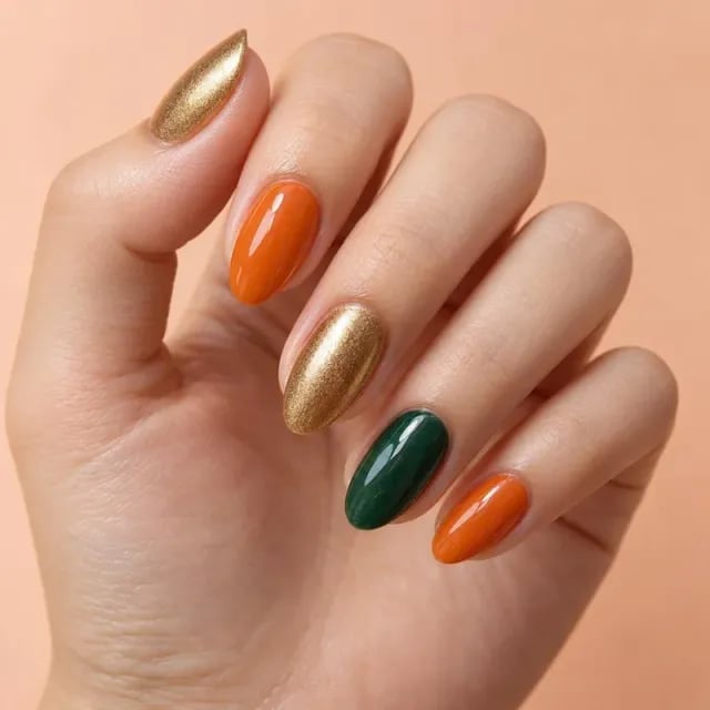 Burnt Orange Deep Green Metallic Gold Glossy Nails Burnt Orange Deep Green Metallic Gold Glossy Nails — Gel Nails Colors