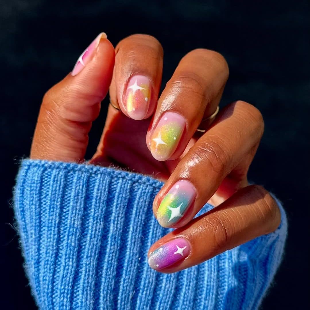 Rainbow Gradient Star Glossy Short Oval Nails Rainbow Gradient Star Glossy Short Oval Nails — Gel Nails Colors
