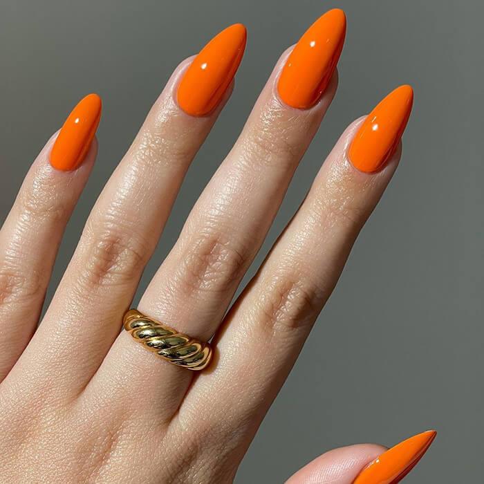 Vibrant Orange Glossy Medium Almond Nails Vibrant Orange Glossy Medium Almond Nails — Gel Nails Colors