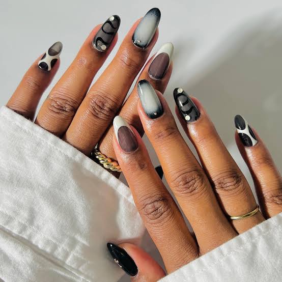 Medium Almond French with Abstract Accents Medium Almond French with Abstract Accents — Gel Nails Polish