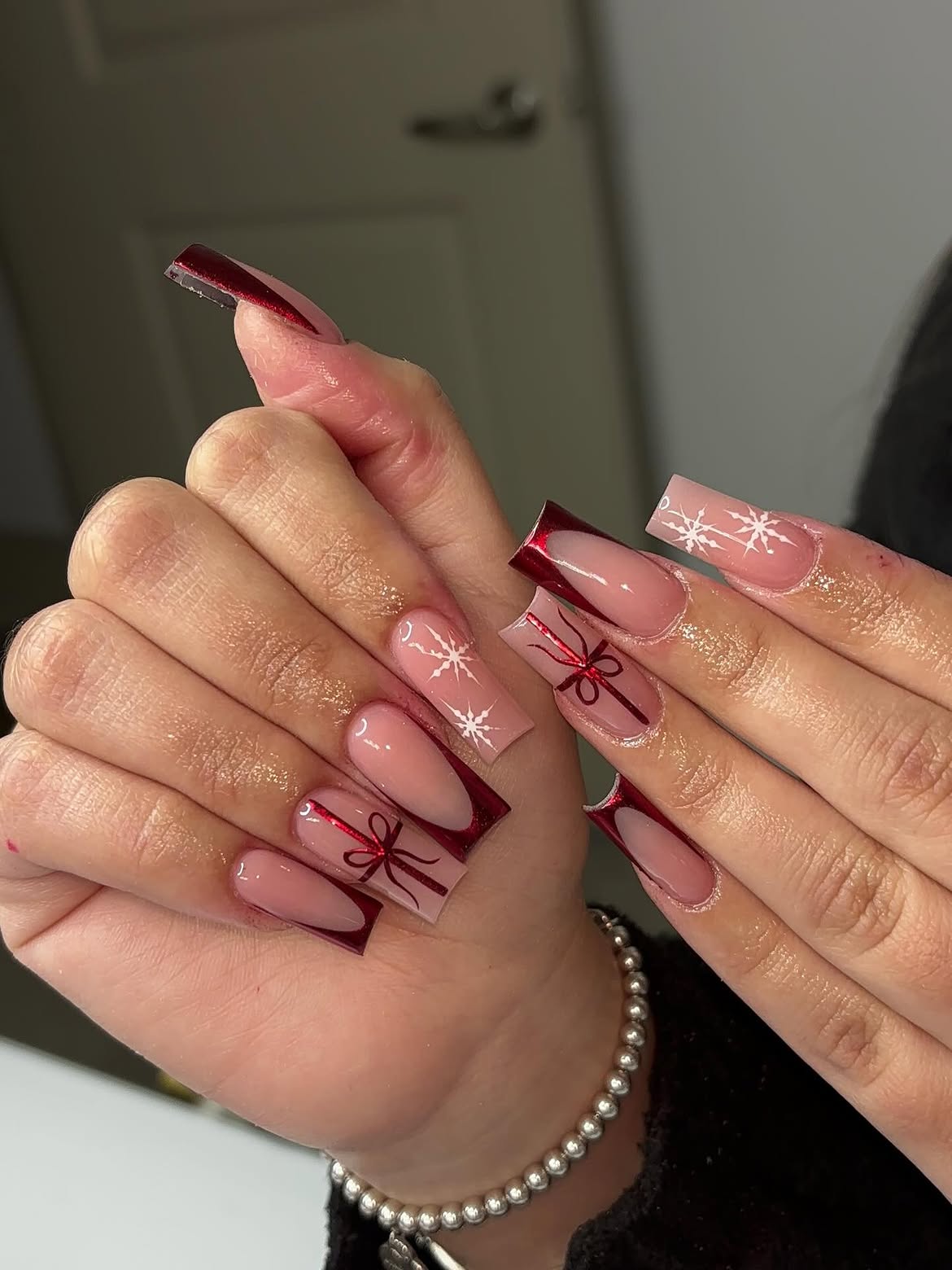 Gift Wrapped Red French Tip Coffin Nails