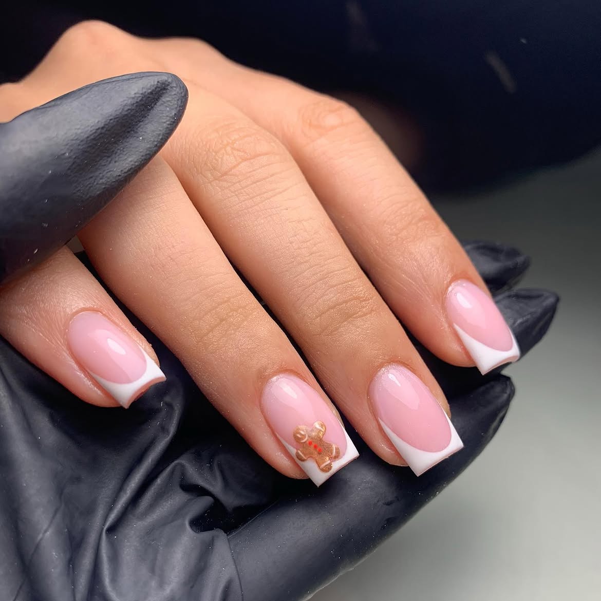 Gingerbread French Tip Nails with Charm