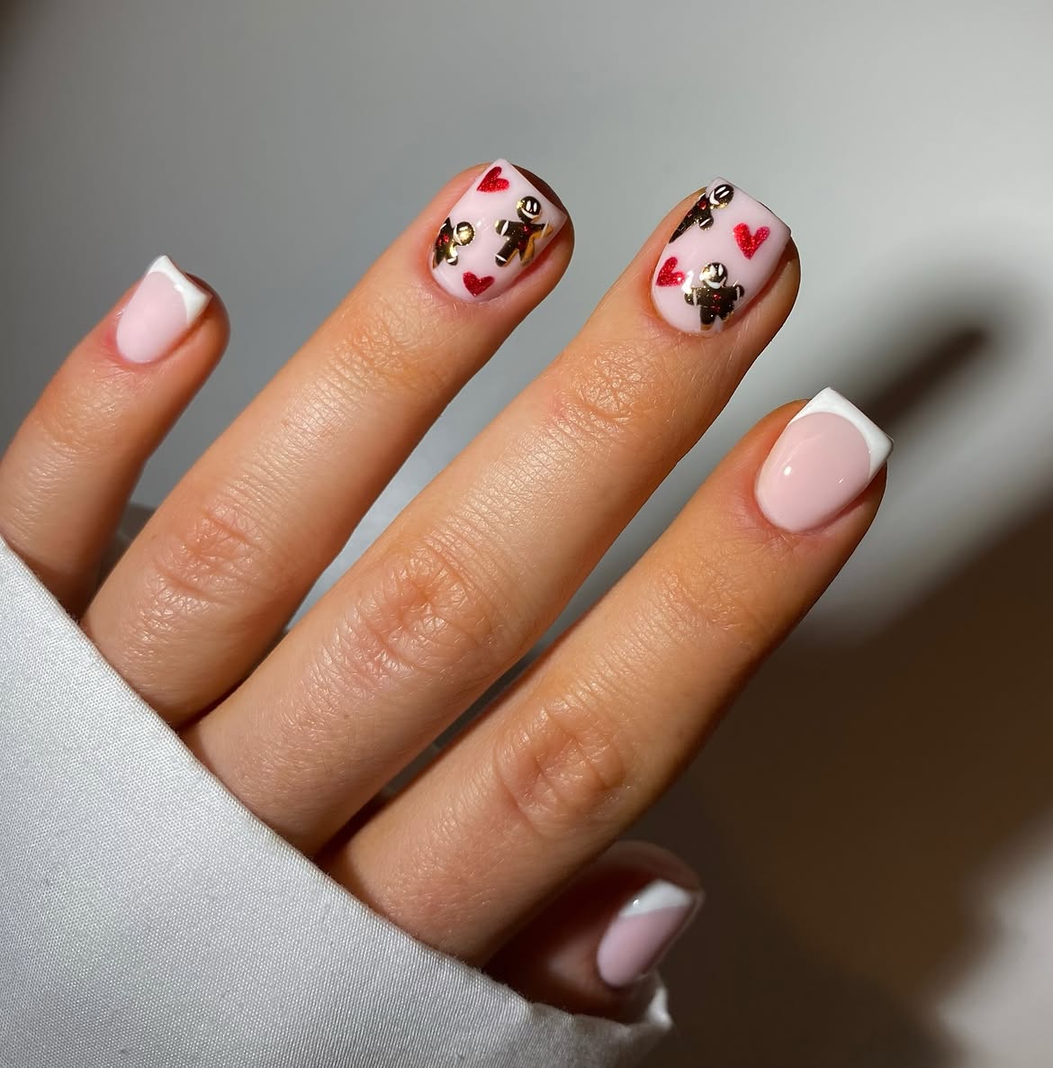 Gingerbread French Tip Nails With Heart Accents