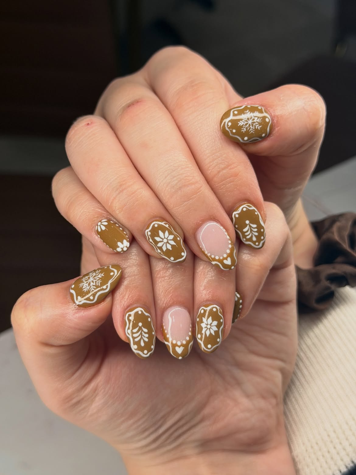 Gingerbread French Tip & Snowflake Art Nails