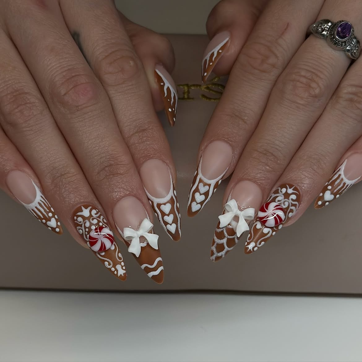 Gingerbread House French Tip Stiletto Nails