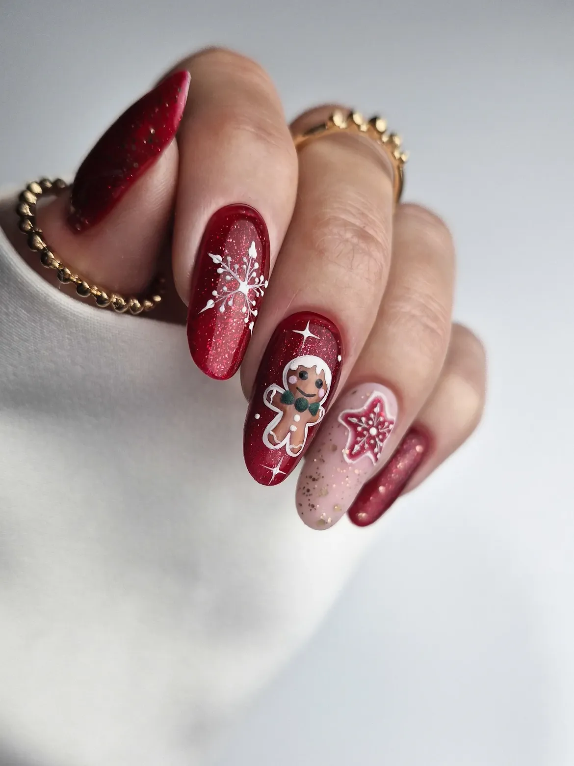 Gingerbread Man and Snowflake Christmas Almond Nails