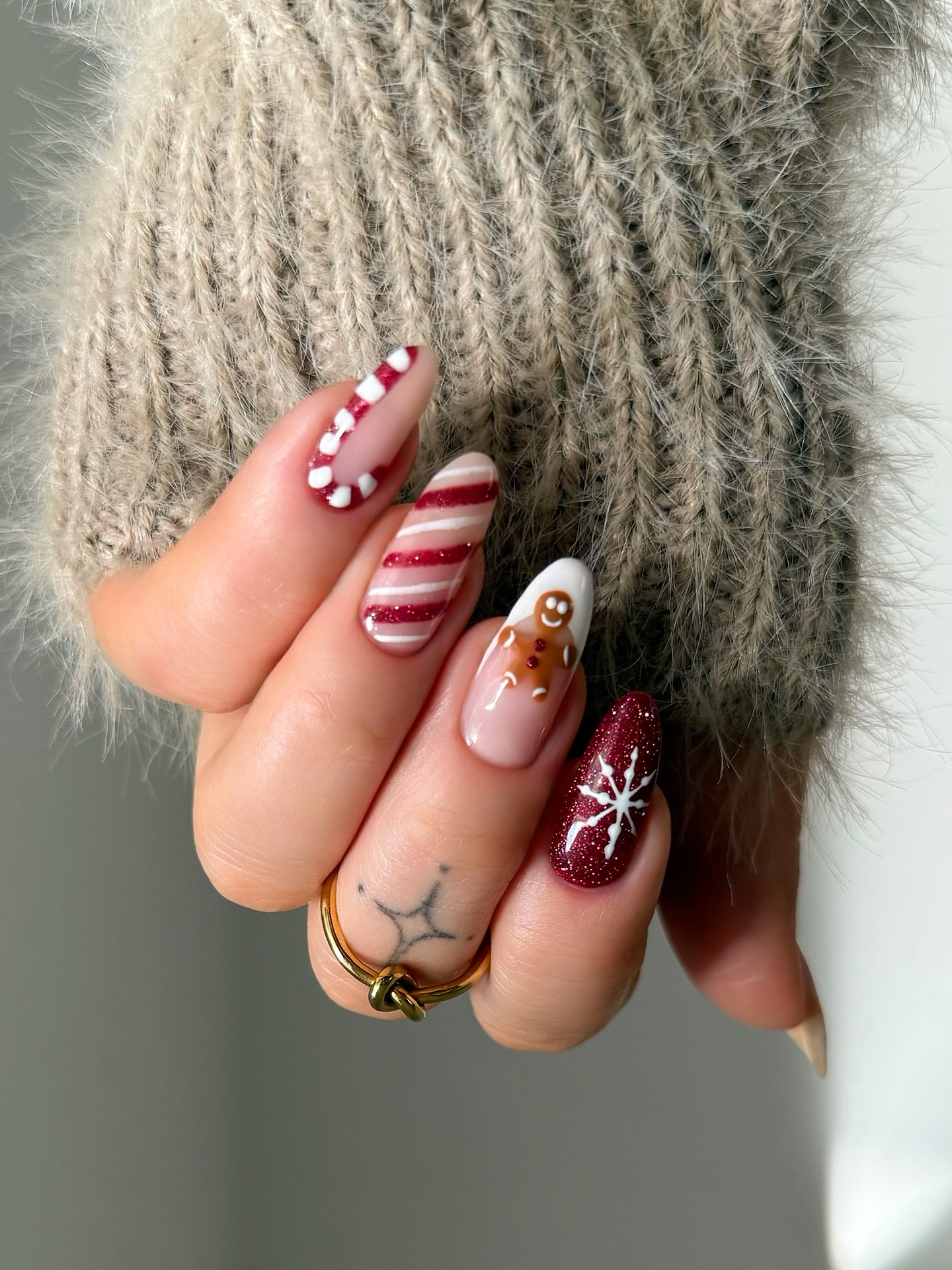 Gingerbread Man Candy Cane Snowflake Almond Nails