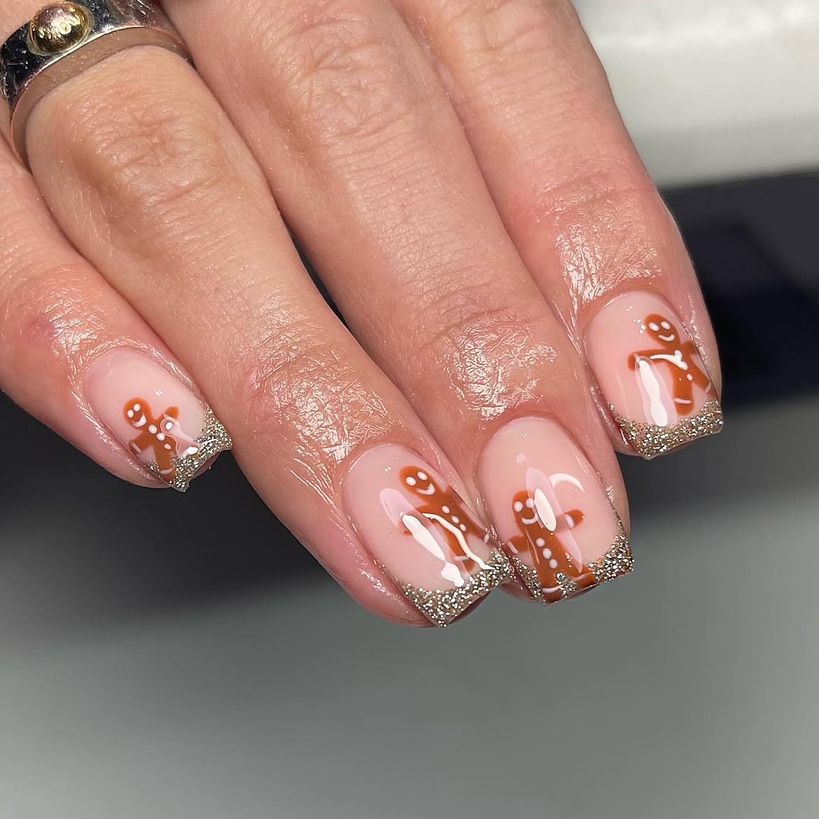 Gingerbread Man French Tip Glitter Nails