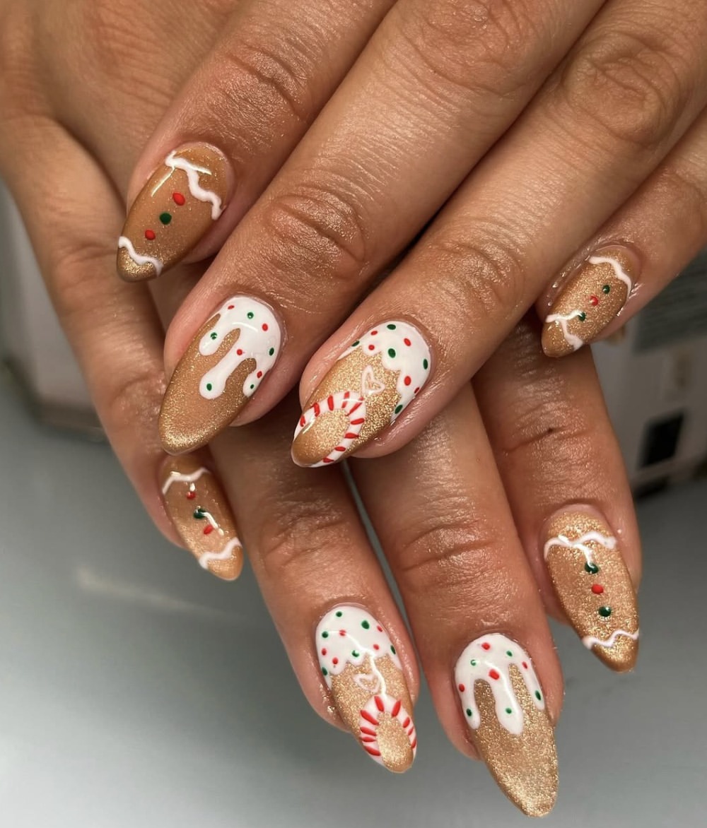 Gingerbread Man Holiday Sparkle Almond Nails
