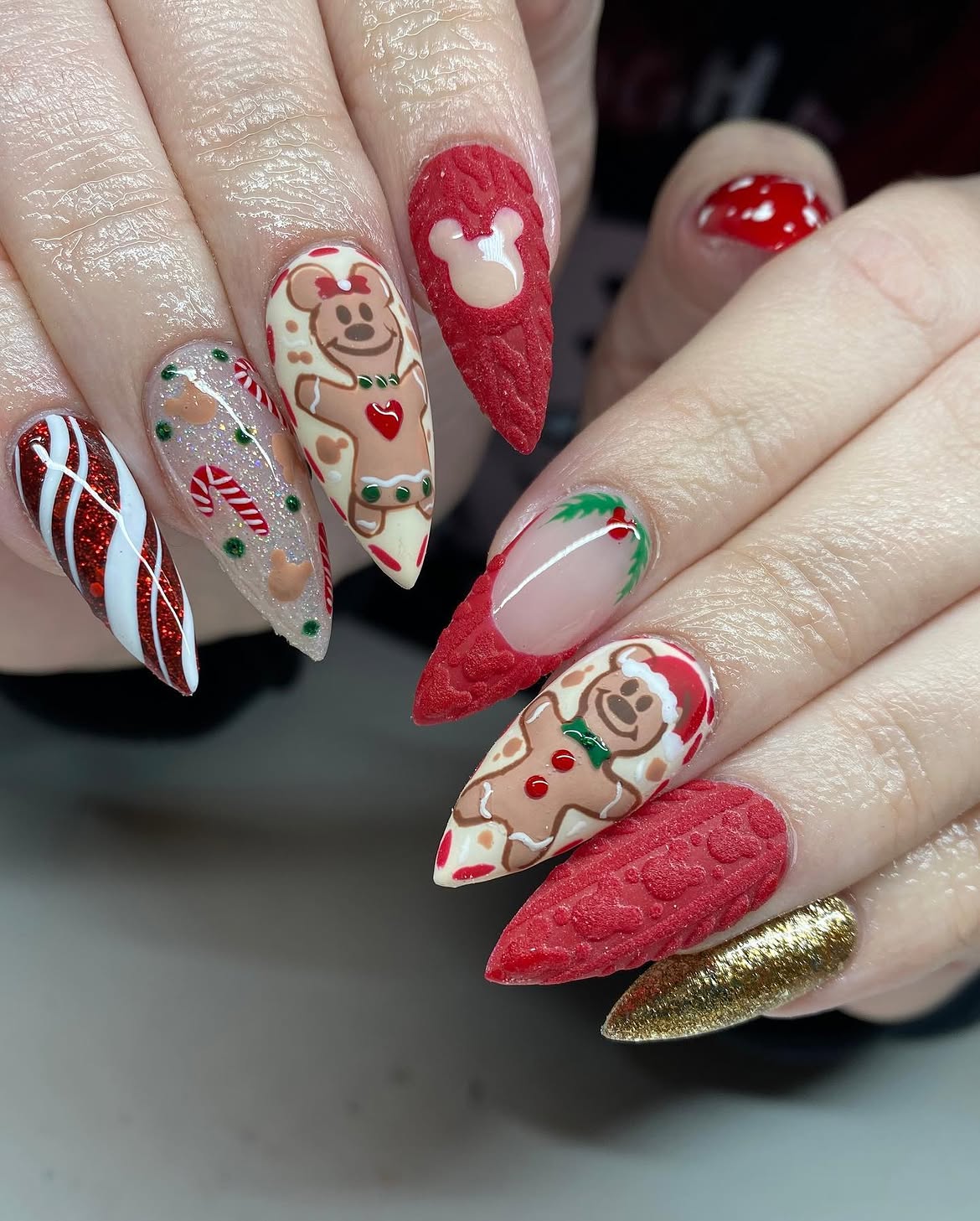 Gingerbread Mickey Christmas Character Stiletto Nails