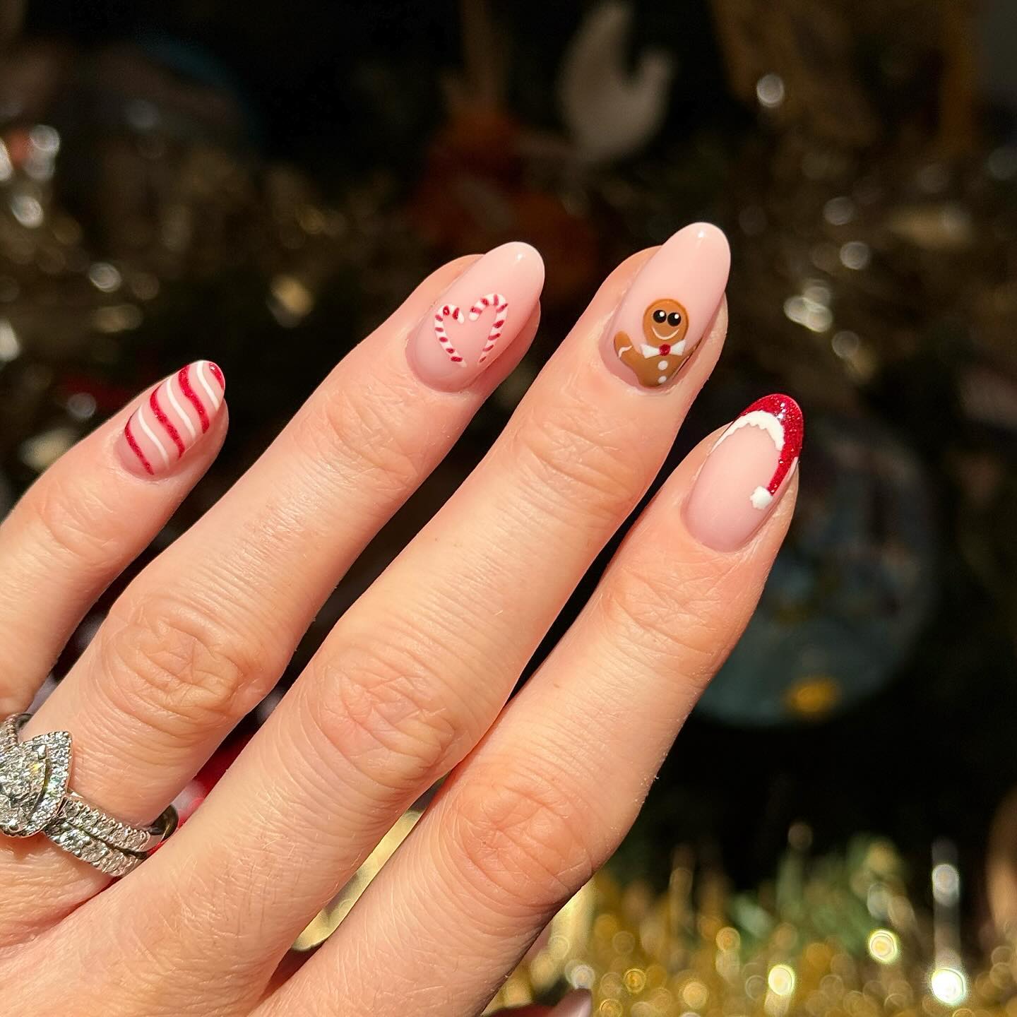Gingerbread Santa Hat Christmas Almond Nails