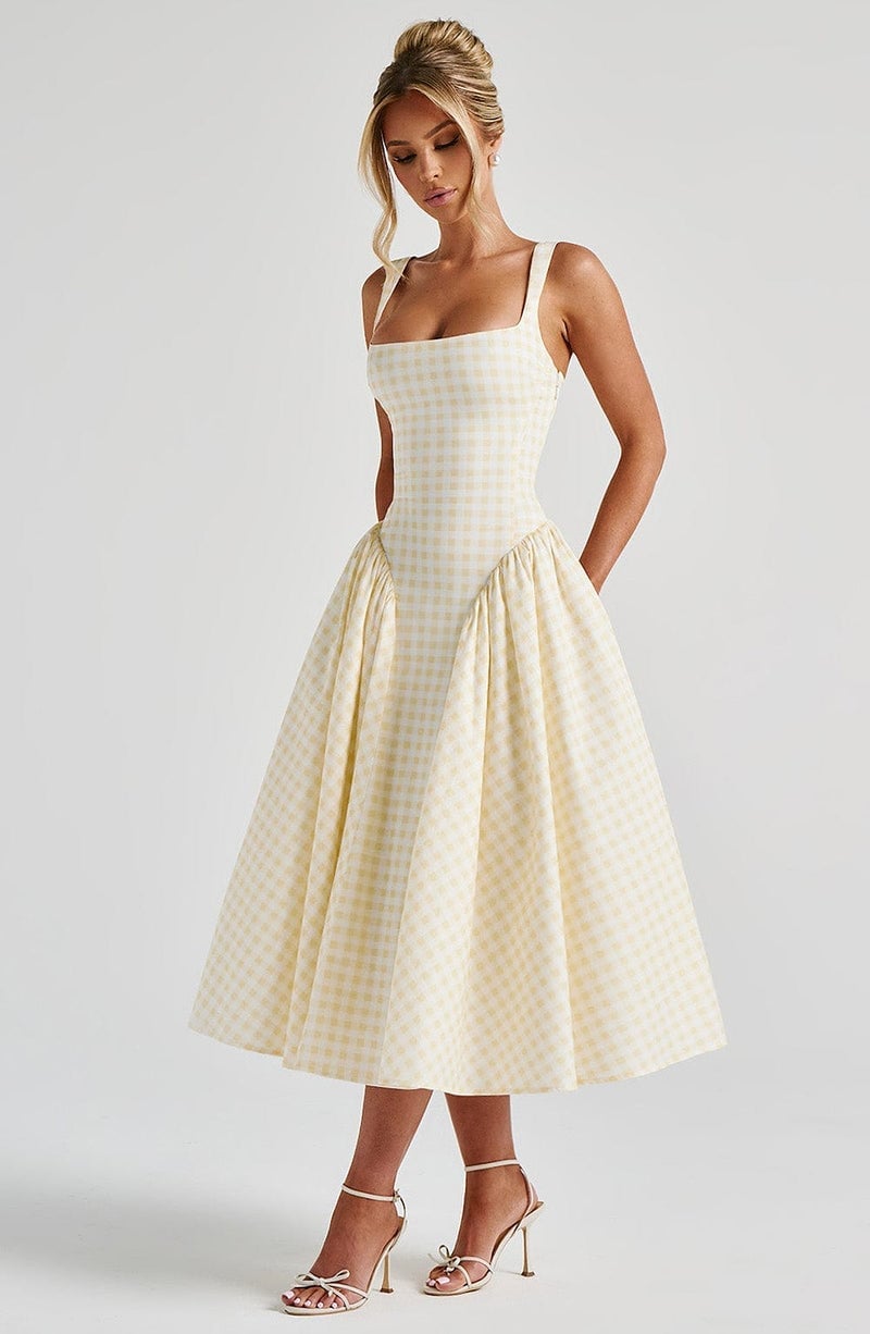 Pale Yellow Gingham Midi Dress For Garden Parties Pale Yellow Gingham Midi Dress For Garden Parties — Gingham Dress