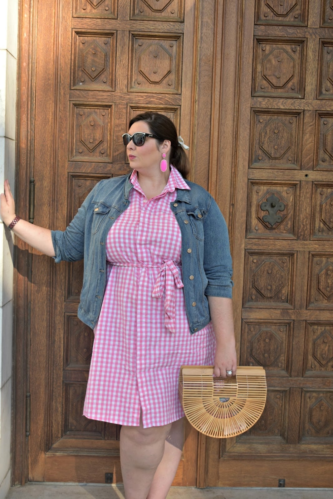 Pink Gingham Shirt Dress Layered With Denim Jacket Pink Gingham Shirt Dress Layered With Denim Jacket — Gingham Dress