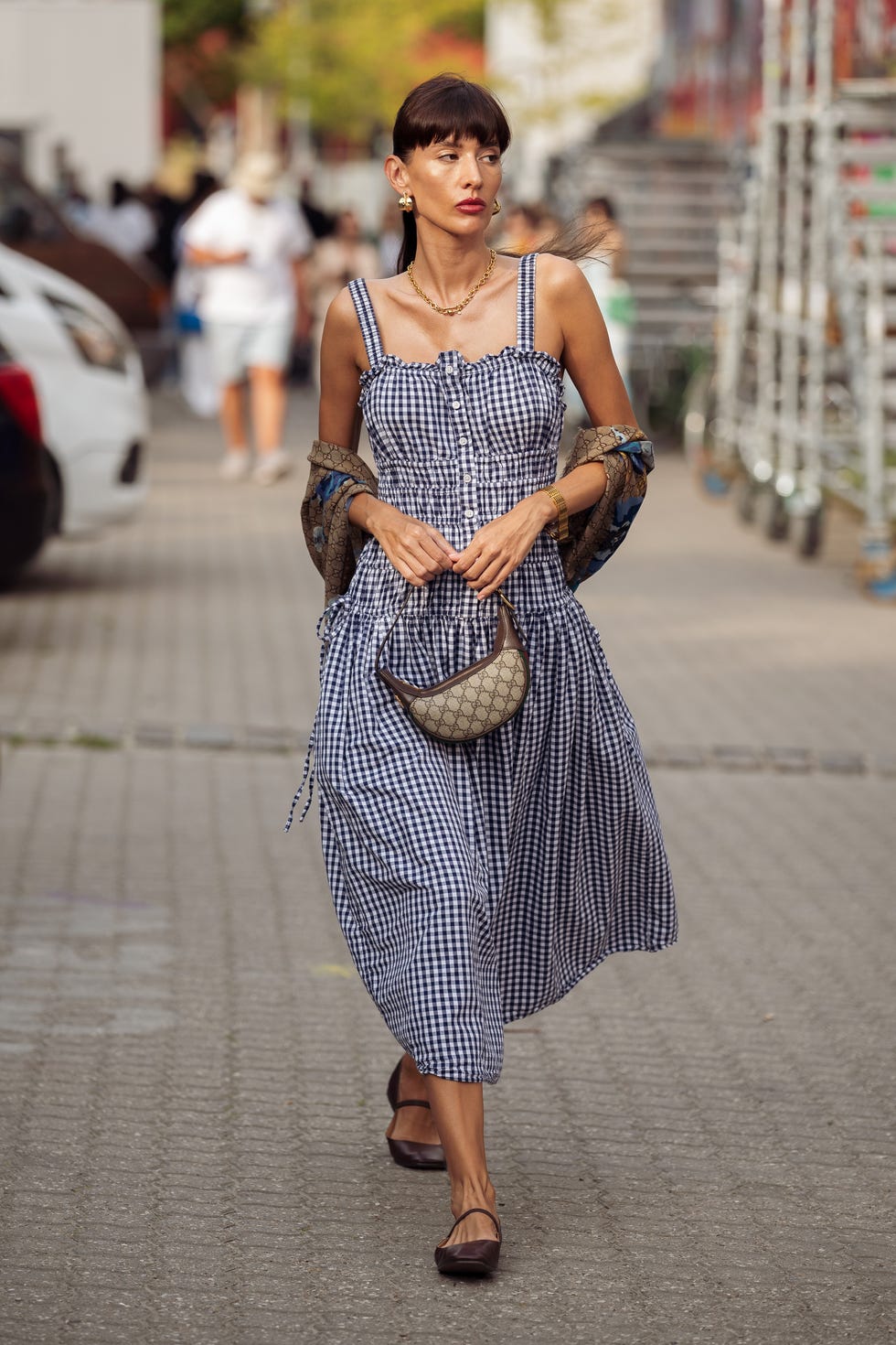 Navy Gingham Dress With Ruched Bodice And Tiered Skirt Navy Gingham Dress With Ruched Bodice And Tiered Skirt